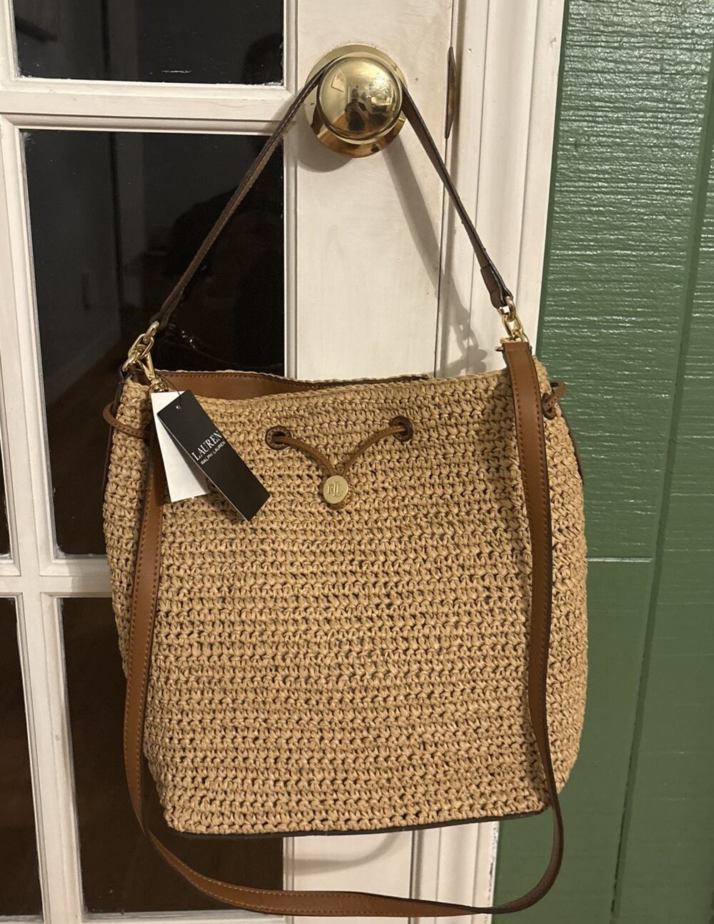 NWT RALPH LAUREN Debby Crocheted Straw Drawstring Handbag Natural